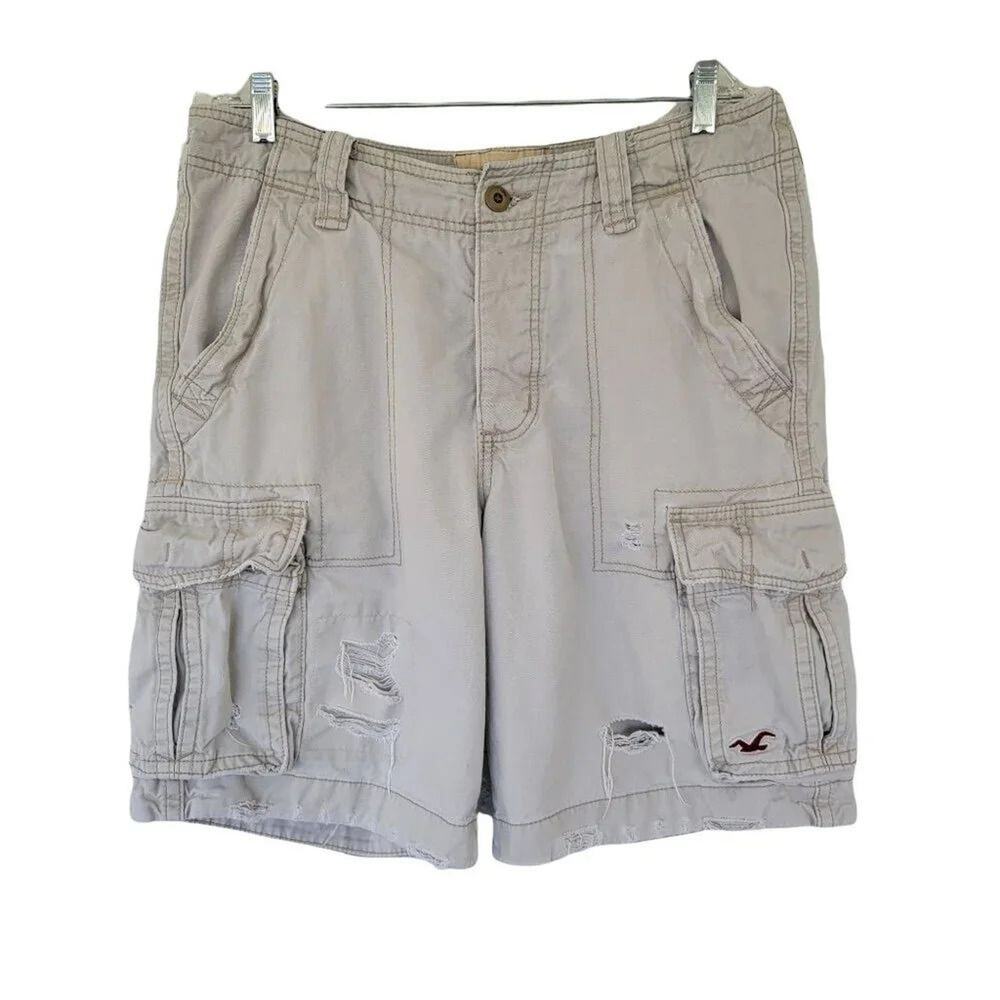 Hollister California Cargo Shorts Mens Size 30 Khaki Beige Cotton Distressed